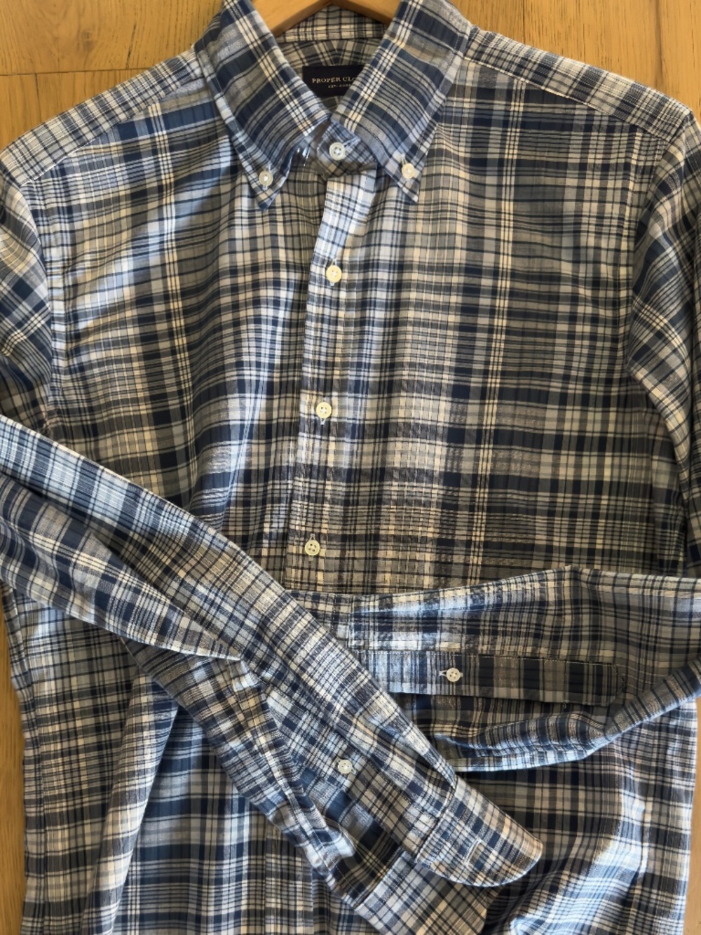 Proper Cloth Men's Navy and Light Blue Large Plaid Indian Madras - NEW